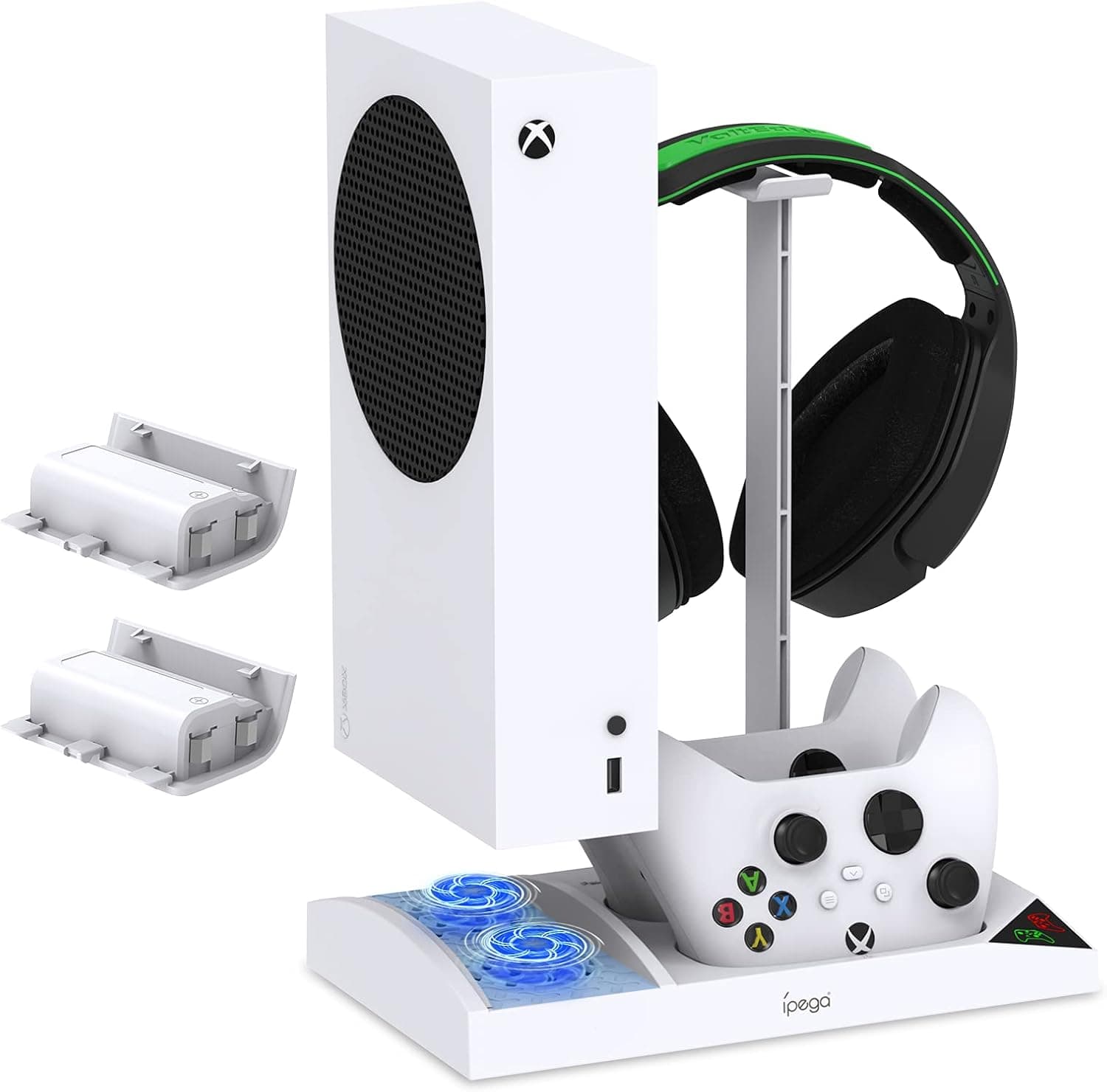 image-Upgraded Vertical Cooling Fan Stand for Xbox Series S, Cooler Fan System Dual Controller Charging Dock Station with 2 x 1400mAh Rechargeable Battery Pack, Headphone Bracket for Xbox Series S (White)